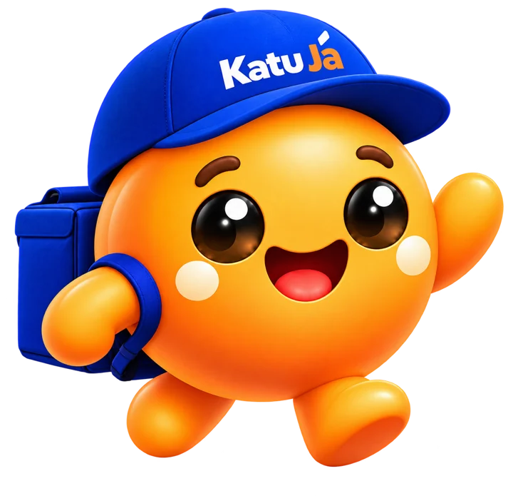 Mascote do KatuJá acenando, de boné azul e bolsa de entrega
